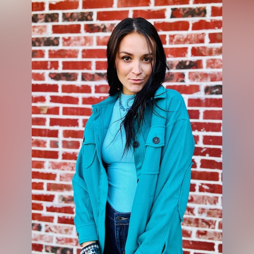 Zenana All About the Fleece Lightweight Button-Down Shacket in light teal large